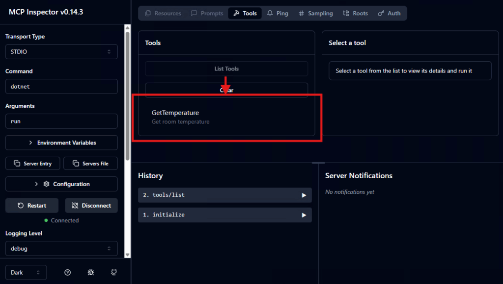 MCP inspector - Lista dei tool disponibili
