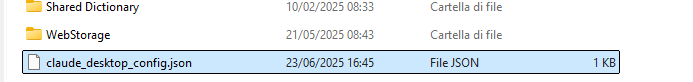 File di configurazione claude_desktop_config.json nella directory di Claude