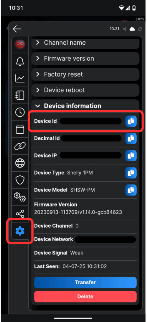 Get device Id from shelly app